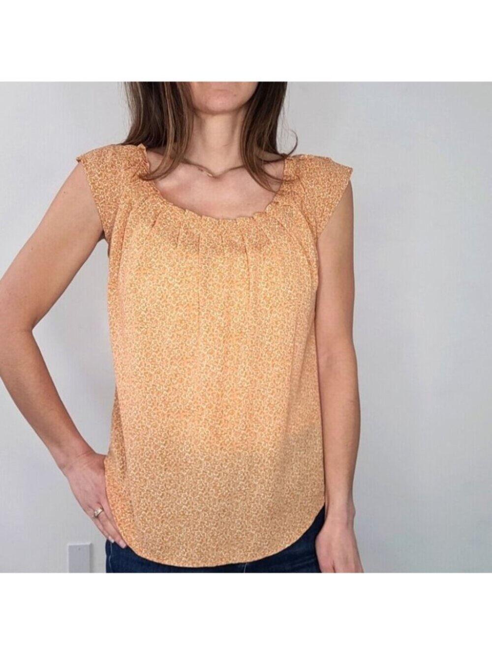 LC Lauren Conrad Mustard Floral Gathered Short Sleeve Blouse with Tie Size XS